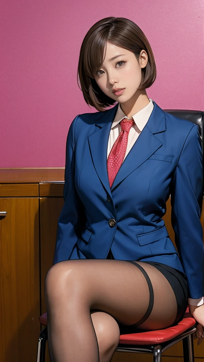 high-definition images, atmospheric perspective, 8k, super detail, accurate, best quality, emphasis on the balance of limb size, ecstasy face, dark brown pupil, (drooping eyes, blush)), (sleepy face), elaborately designed luxury panties for adults, ((showing off her panties)), (straddling to masturbate), open mouth, open legs, thin thighs, thin legs, eccentric pose, slut, angle from below, in the narrow factory, machines, industrial robot arm, factory clerk, shirt, extremely swollen areola, skirt, suit jacket, tiny earrings, short bob,