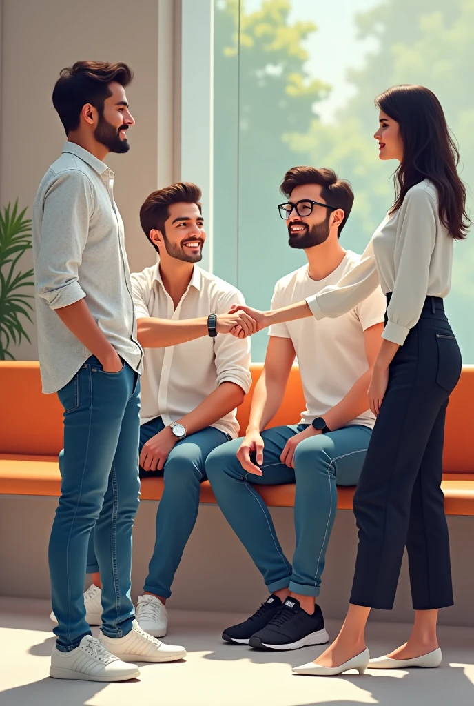 Two young men are waiting for their girlfriends in the reception area of the office. One young man is wearing a white printed shirt, jeans, white shoes and smart watch and the other one is wearing a white full sleeve T-shirt, jeans, glasses and black sneakers. His girlfriend comes there wearing a white Indian suit, black palazzo, white shoes and specs. Then she shakes hands with both the boys.