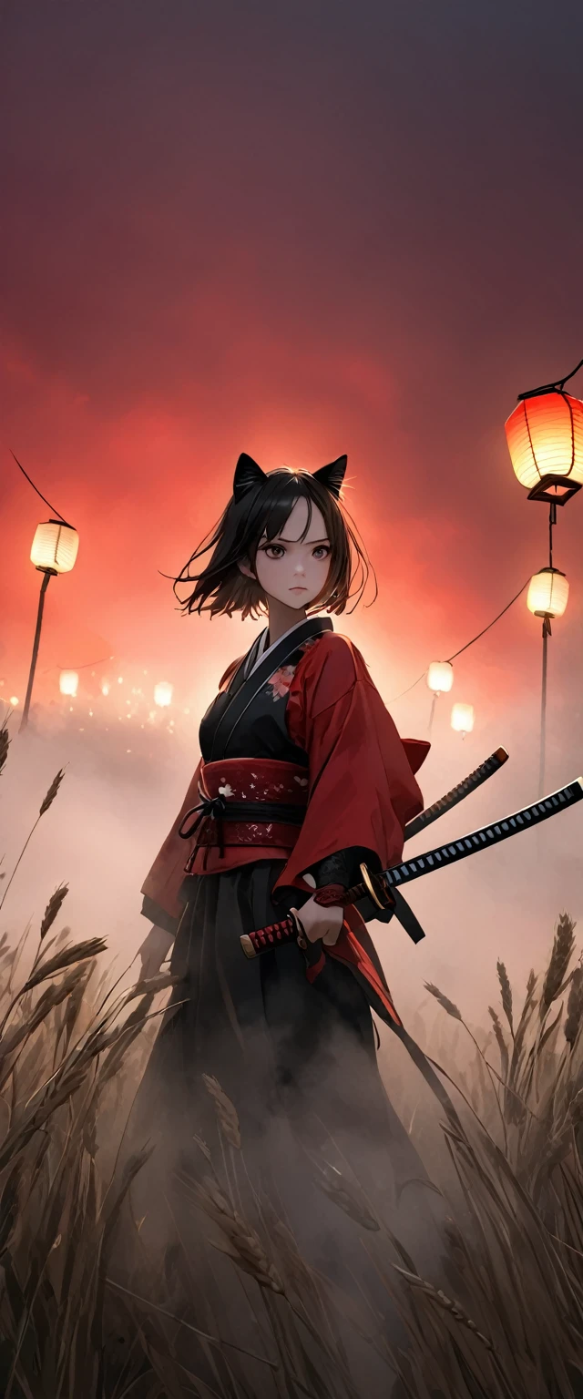 3DCG。Photorealistic Skin。A woman is wearing a samurai outfit of shiny scarlet silk。Lantern。Crouching。Messy red short hair。forehead。Cat ear。 White Wheat Field。A world of thick fog,。Bust Shot。Dark Eyes。clothes are blowing in the wind。Serious expression。Katana on the back。Many small lanterns are floating。alone。Neo Tokyo。Japan。Red Sky。Chiaroscuro,