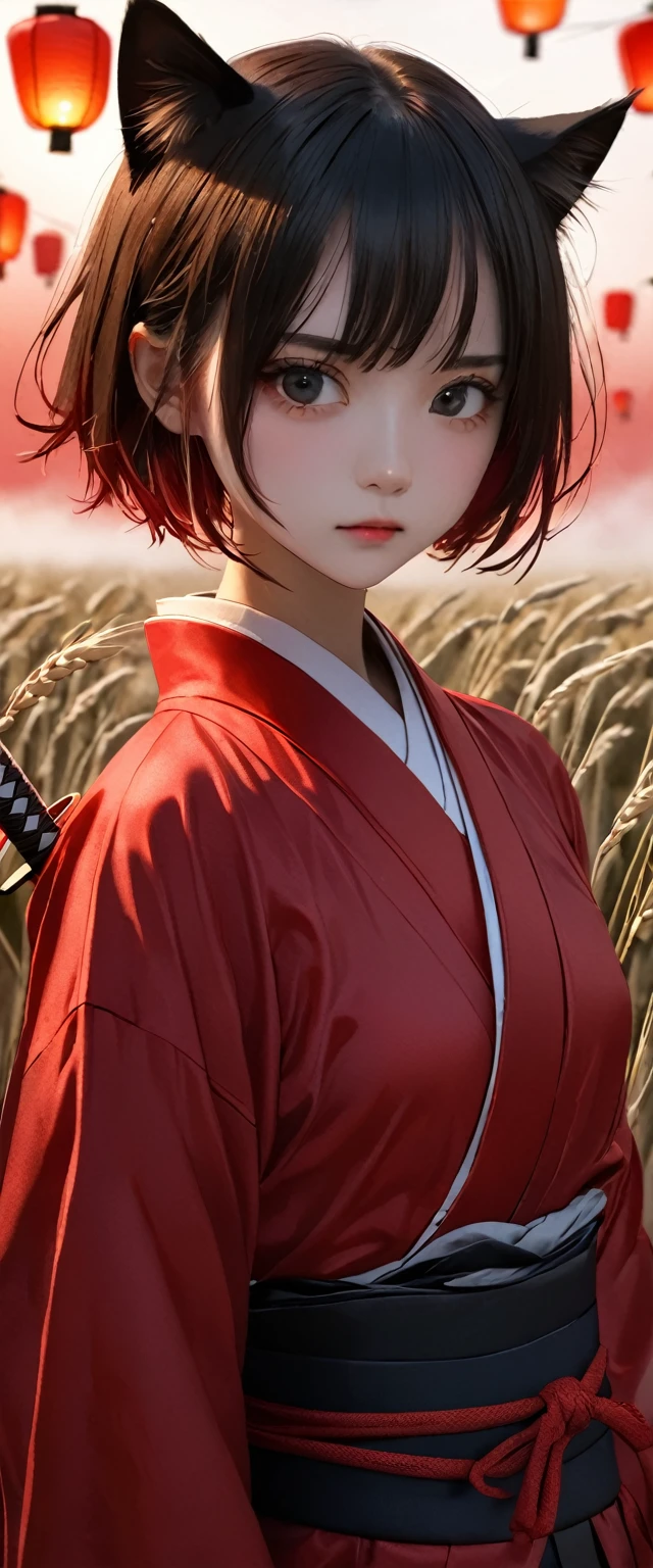 3DCG。Photorealistic Skin。A woman is wearing a samurai outfit of shiny scarlet silk。Lantern。Crouching。Messy red short hair。forehead。Cat ear。 White Wheat Field。A world of thick fog,。Bust Shot。Dark Eyes。clothes are blowing in the wind。Serious expression。Katana on the back。Many small lanterns are floating。alone。Neo Tokyo。Japan。Red Sky。Chiaroscuro,