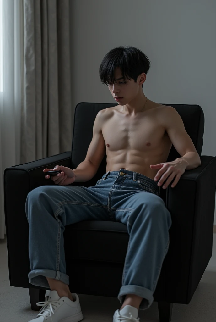 Create a boy with very short black hair, topless androgynous face and body with large woman&#39;s breasts wearing jeans and white sneakers sitting in a black armchair playing video games 