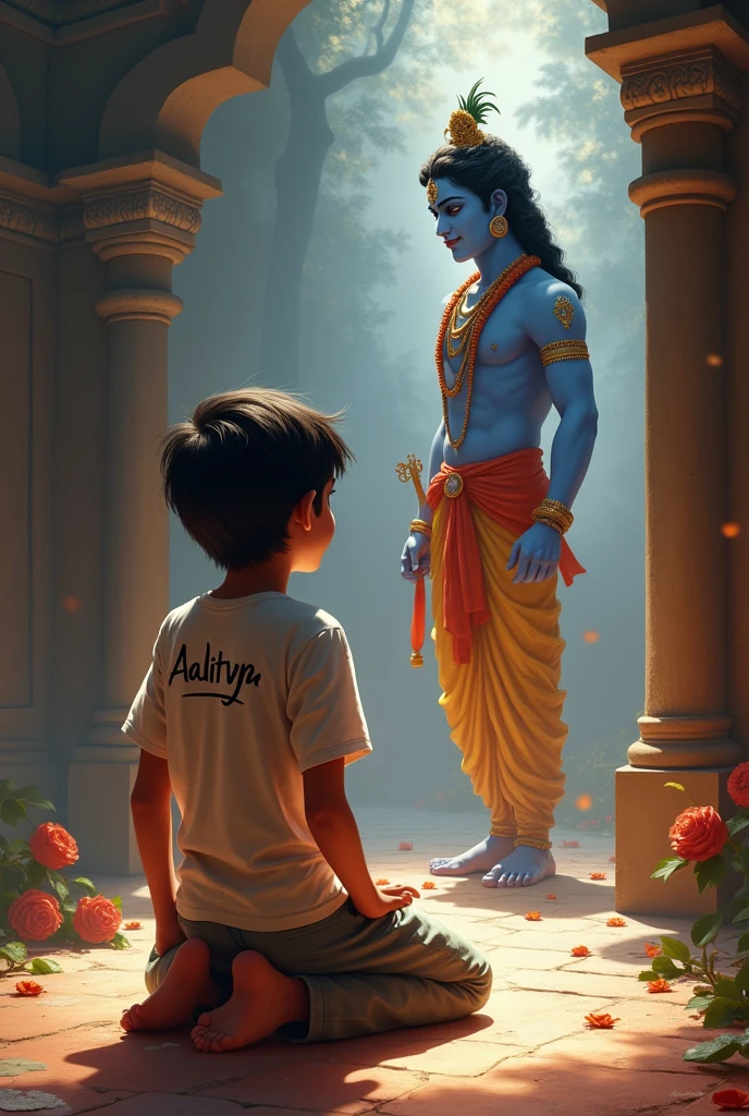 One boy worshipping lord krishn and
and turning infront of krishn
written Aaditya in his tshisrt in his back