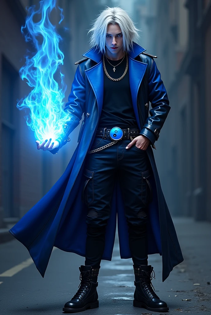 Male age 20, greman, crazy smile, gray eyes, white hair visual kei, evil eyes, long crazy smile, royal blue and black leather matrix long gabardine open, soft black t-shirt, black cargo pants, only right arm on blue flames, cyberpunk style, belt with a blue ying yang, chains around the belt, athletic, magic powers, action, cunning look, leather black boots with metal pins, black cat nails, comical pose, black night background, uncovered head