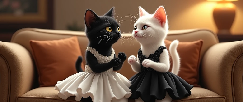 Inside the house, The young black cat, with her white dress, and the young white cat, with her black dress, are sitting side by side on a luxurious sofa. They chat animatedly, their facial expressions are clearly human, and their bodies are relaxed like two friends comfortable at home.