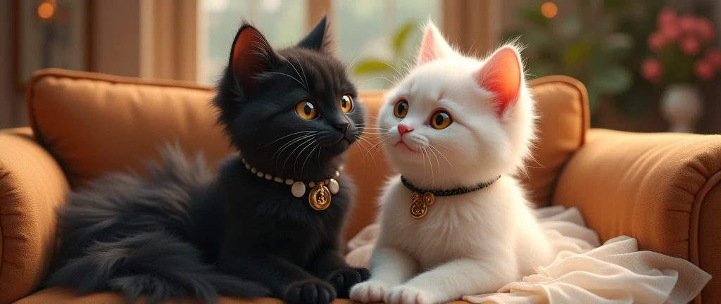 Inside the house, The young black cat, with her white dress, and the young white cat, with her black dress, are sitting side by side on a luxurious sofa. They chat animatedly, their facial expressions are clearly human, and their bodies are relaxed like two friends comfortable at home.