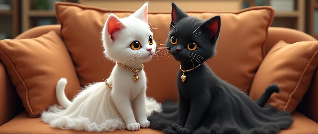 Inside the house, The young black cat, with her white dress, and the young white cat, with her black dress, are sitting side by side on a luxurious sofa. They chat animatedly, their facial expressions are clearly human, and their bodies are relaxed like two friends comfortable at home.