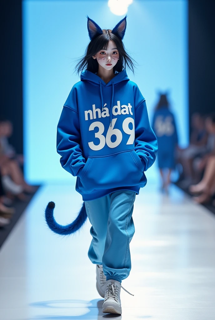 Tạo cho tôi hình ảnh một cô gái có khuôn mặt của 1 chú mèo đang catwalk trong trang phục phong cách street màu xanh dương kết hợp màu trắng, trên trang phục có dòng chữ Nha Dat 369, ảnh toàn thân