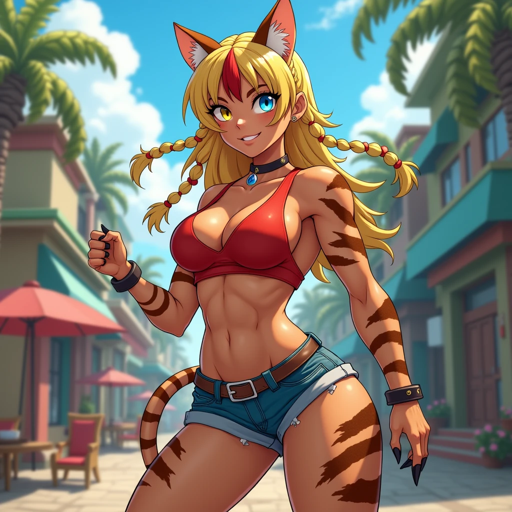 Heroine Very muscular woman body builder body of a professional fighter athletic great physical attributes brown skin with tanned tiger spots she has sun marks from her bra and thong panties in Vê, She is blonde with long hair with a single red fringe and has two long braids and cat ears., It has eyes of two different colors, the left one is pool blue and has a pool blue sclera, the right one is yellow and has a yellow sclera, both eyes have a cat's pupil, has black claws on its nails, she has a heart collar around her neck, She is wearing very typical Brazilian clothing, a red women's tank top, denim shorts and flip-flops.. Art style Vtuber 2.5D. Oriental art with muscular body type