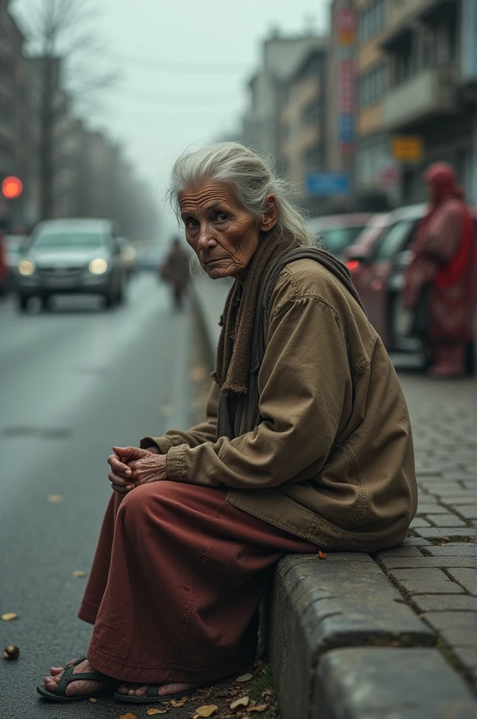 "An elderly woman with a frail and skinny body, dressed in worn clothing, sitting by the roadside. The setting is a busy street with blurred vehicles and pedestrians in the background, highlighting her vulnerable position."