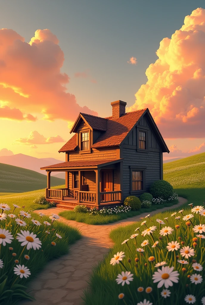 A wooden house with a front porch has two hills with daisies and the sunset behind the hills