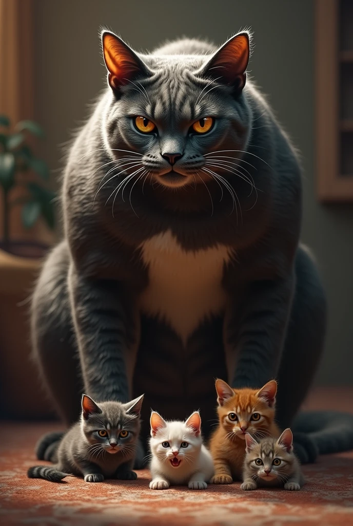 The cat with a strong body is scaring the little kittens. 