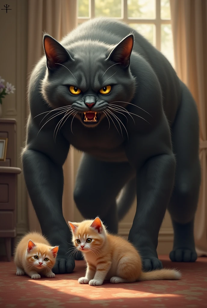 The cat with a strong body is scaring the little kittens.
