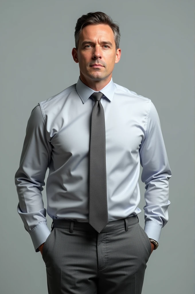 Man in Gray pant and light gray shirt with grey tie