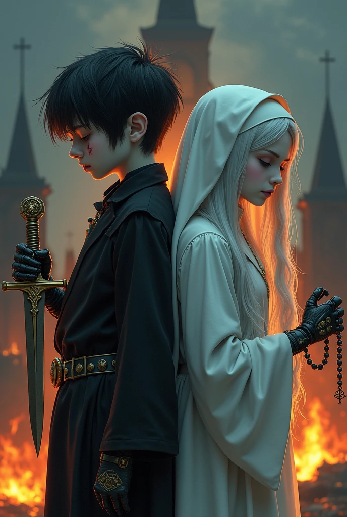 Two pale middle-aged pre-teens back to back with violet eyes, with the one on the left with a suffering eye, dark alchemist clothes and left arm with a steampunk technology prosthesis, holding a dagger with baphomet symbol, short black hair with a cut on the face, and the one on the right with white nun clothes holding a rosary with sad closed eyes long white hair with a church in flames behind , the night