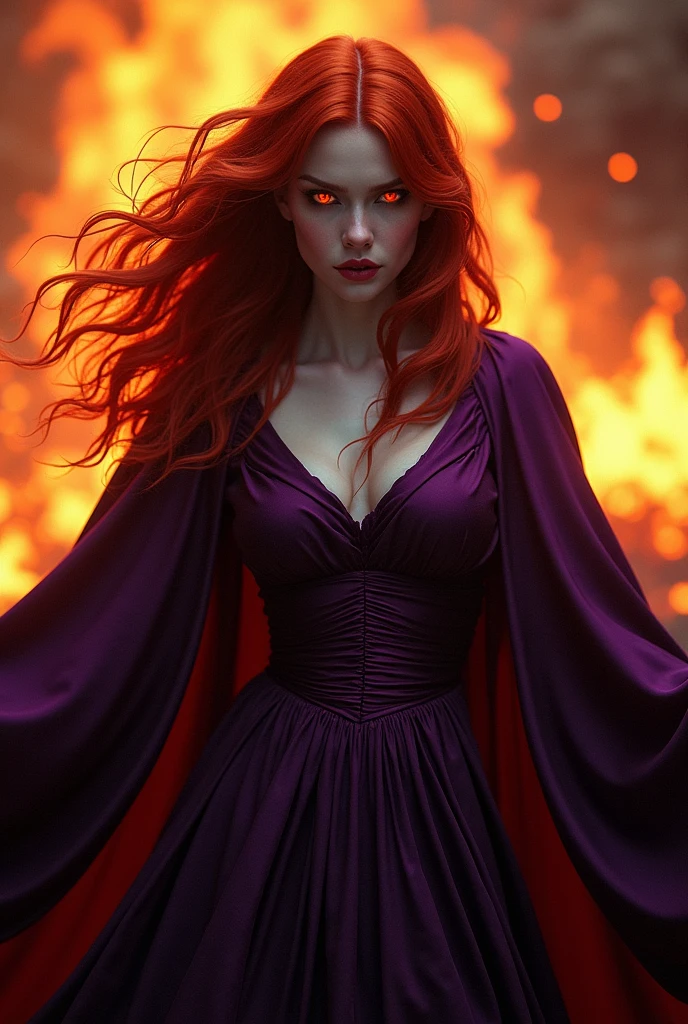 Red haired vampire, dressed in purple, with fire in the eyes, arms outstretched, in the background of fire