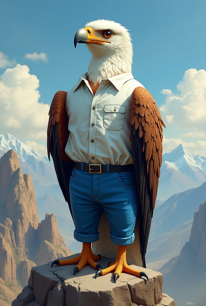 Create a condor with blue pants and a white shirt