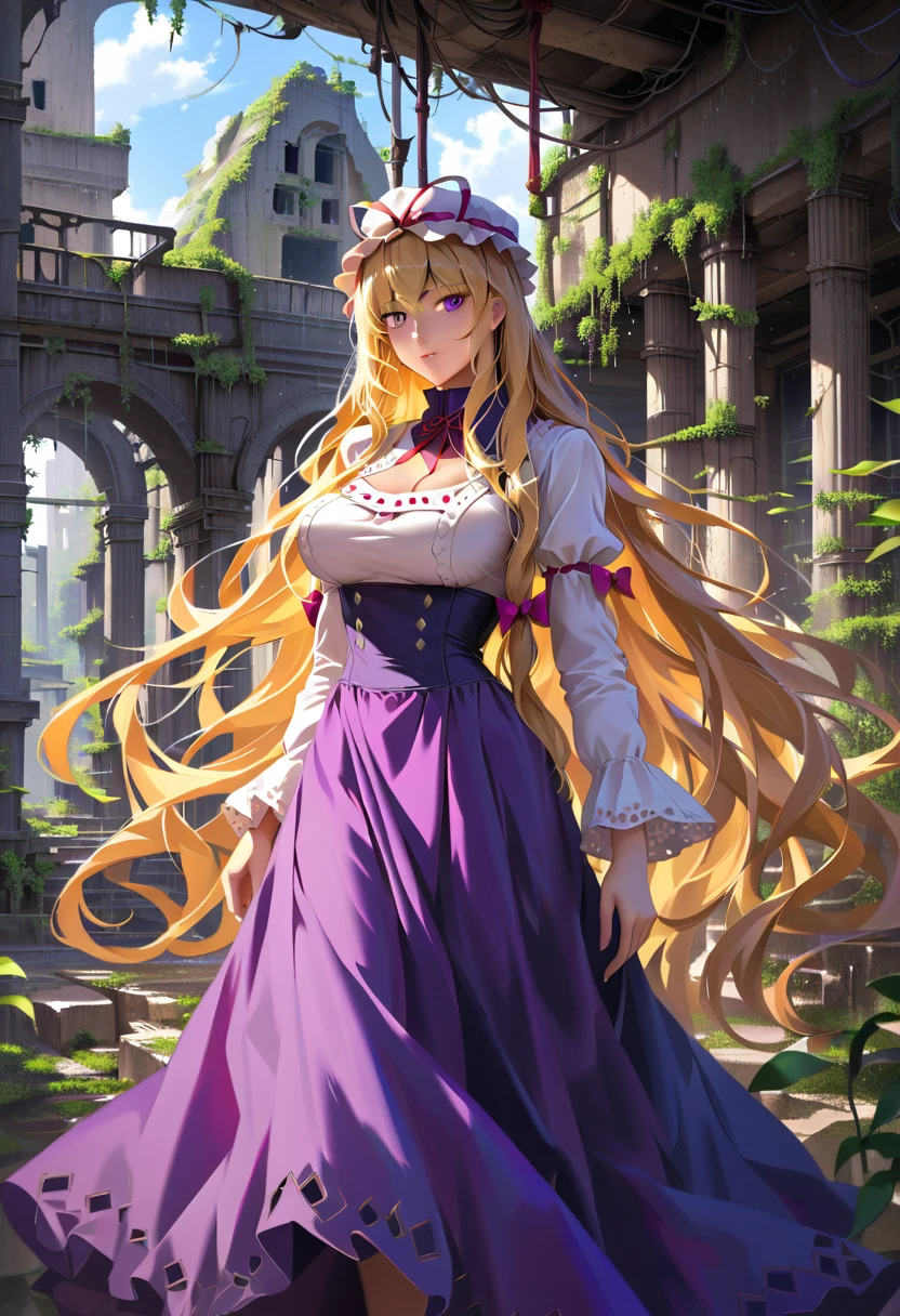 {yakumo_yukari_Touhou:1.15},Long shot of a girl standing in the ruins of a high-rise building,Ivy-covered ruins,(((Ruins of a big city)),((masterpiece, Highest quality, Extremely detailed CG, unity 8k wallpaper )),(masterpiece, Highest quality, Highest quality, Official Art, beautiful,aesthetic:1.2),Purple Dress,Long skirt,ribbon, hat, mob cap, hat ribbon, white headwear, bangs, breasts, hair between eyes, hair bow, large breasts, very long hair,(((Blonde))),Very colorful,Very vivid,High-precision images,Ultra-high resolution,unrealistic,beautiful顔,Perfect Face,Photorealistic Background,High resolution face,Detailed face,Ray Tracing