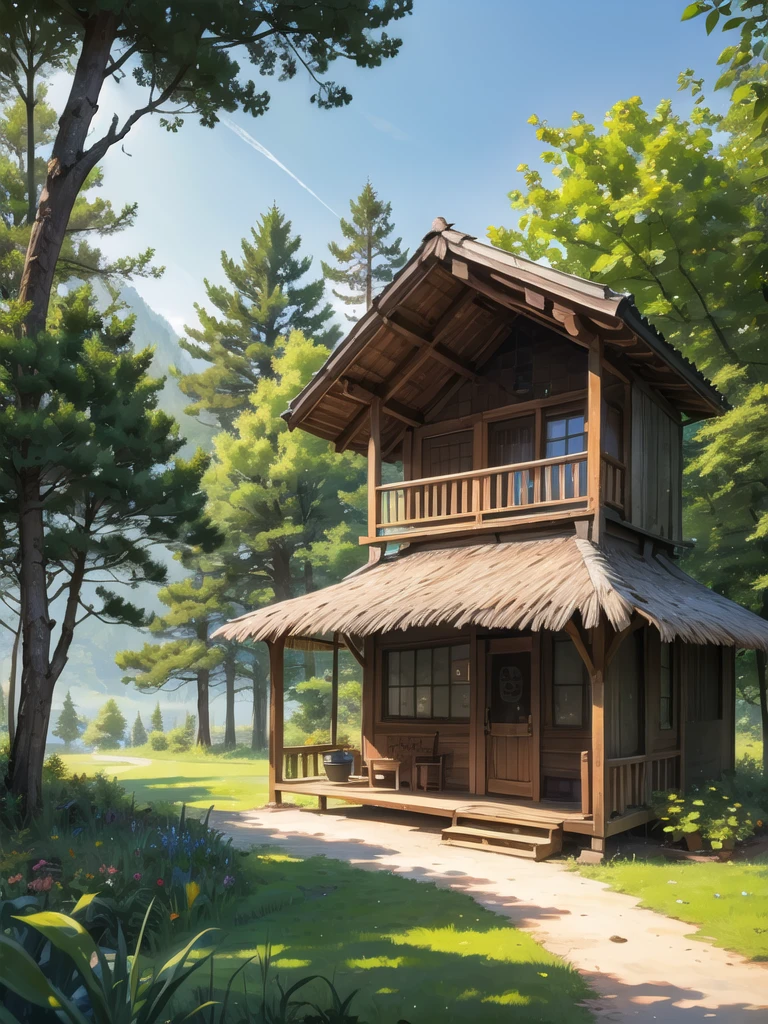 In the middle of the forest, daytime, hut