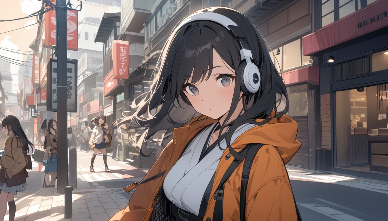 Black-haired woman looking this way,Streetscape、listen to music、Japanese