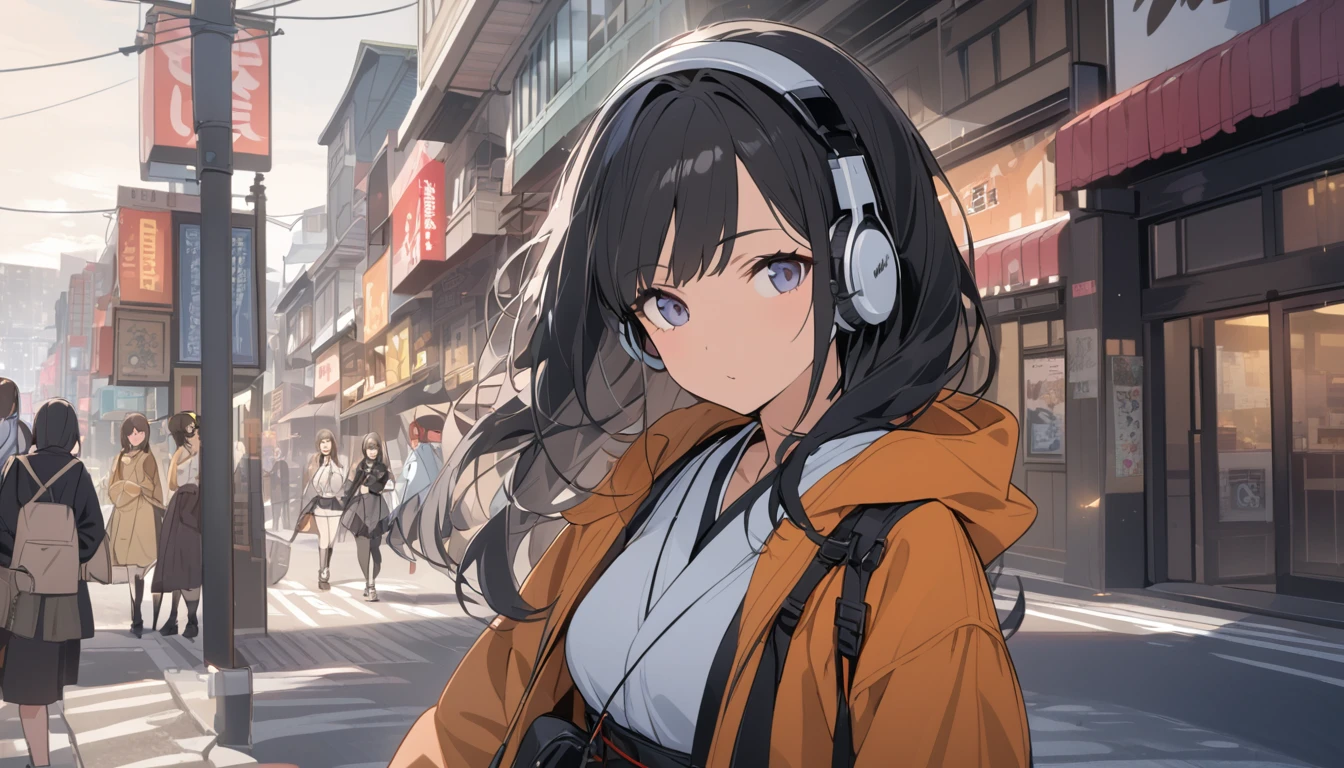 Black-haired woman looking this way,Streetscape、listen to music、Japanese