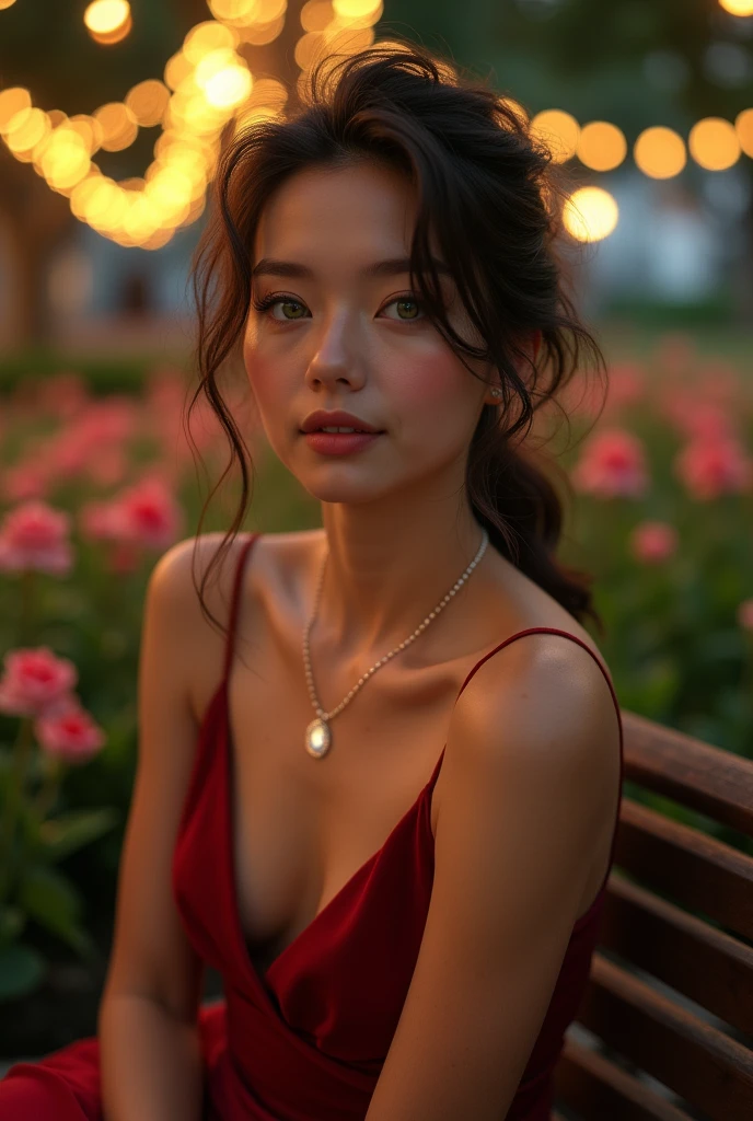 Arafed Femme portant un débardeur blanc et un collier, Fille sexy aux yeux verts, Portrait Sophie Mudd, cheveux bruns et grands yeux, selfie d'une jeune femme. Elle profite d'une soirée d'été douce dans un parc illuminé par les lumières des lampadaires. Elle porte une robe élégante en velours rouge et des escarpins assortis, parfaits pour une soirée chic en plein air. Sans maquillage, ses yeux verts brillent sous la lumière chaleureuse des lanternes, et ses cheveux bruns sont lissés avec soin. Elle capture l’instant avec un selfie, assise sur un banc en bois avec des coussins décoratifs, entourée de fleurs estivales en pleine floraison. L'arrière-plan montre des arbres décorés de guirlandes lumineuses, ajoutant une touche magique et romantique à cette fin de soirée estivale.