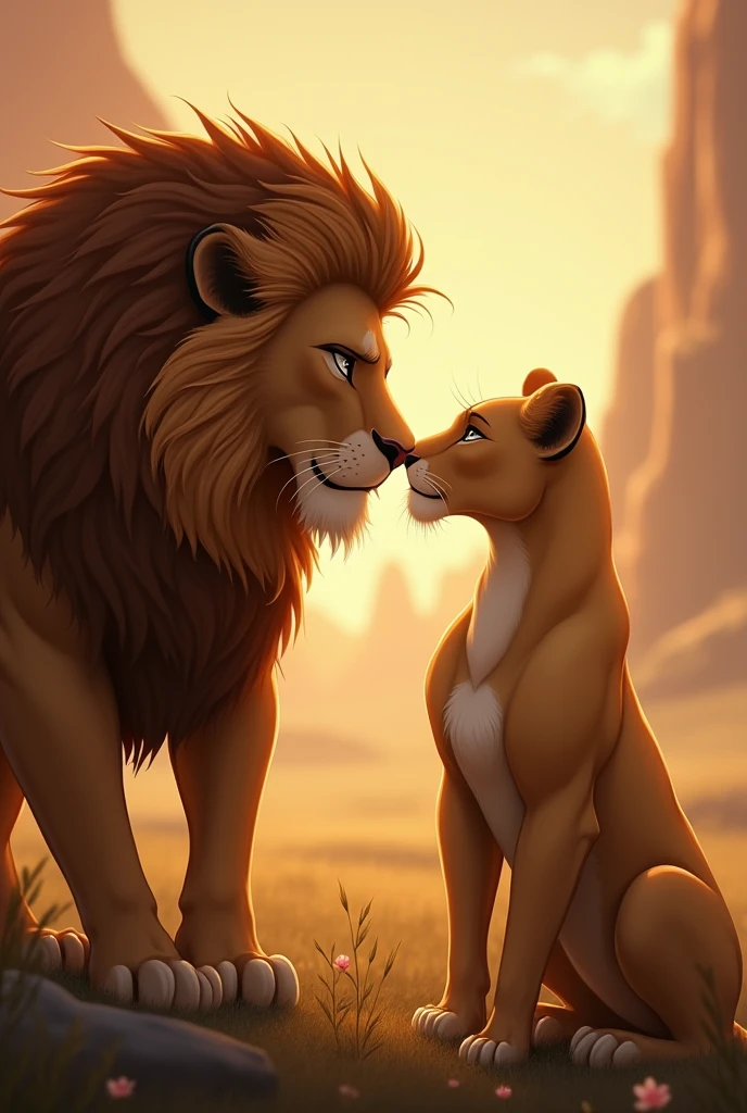 Lion et Lionne amoureux se regardant tendrement