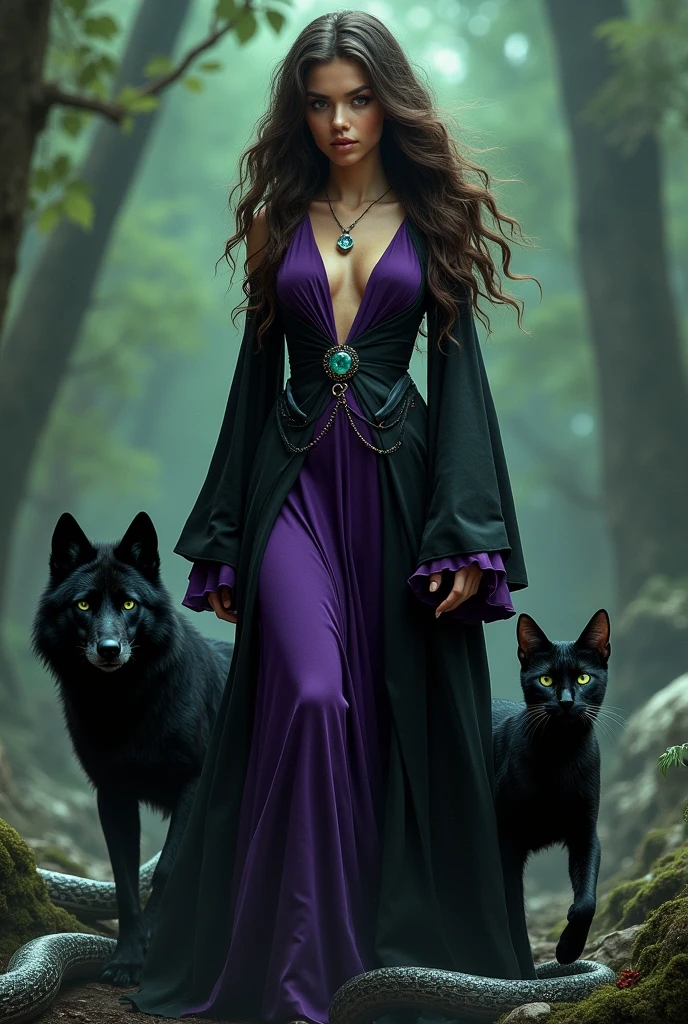 A beautiful young woman,Sharp green eyes,Long dark brown wavy hair,There is a witch power that is stronger than gods and demons.Wearing a purple and black dress,Has all-around abilities,His pets are a black wolf, a black cat, and two giant snakes. Marvel Lines 