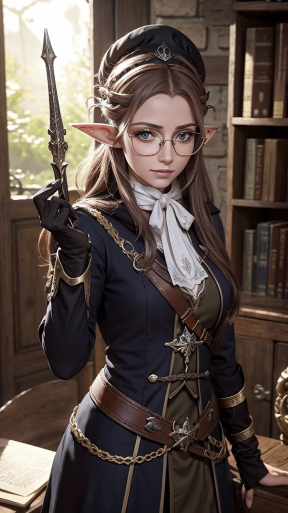 Elfe médiéval fantasy, cheveux attachés, lunettes rondes, en train d'écrire 