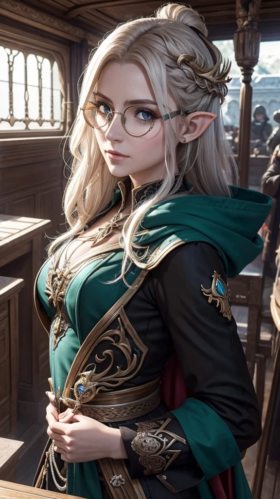 Elfe médiéval fantasy, cheveux attachés, lunettes rondes, en train d'écrire