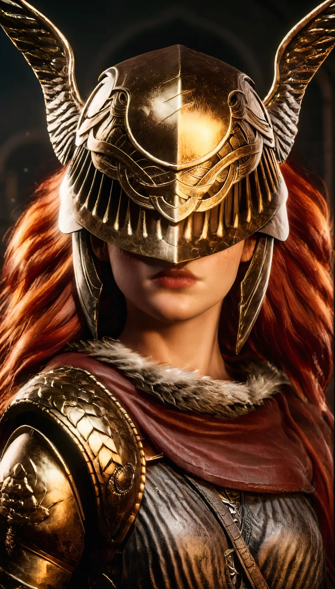 malenia from elden ring, woman with red hair, winged helmet, large breasts, cinematic 35mm photography, film, bokeh, professional, 4k, highly detailed, hyper realistic, sharp focus, beautiful detailed eyes, beautiful detailed lips, extremely detailed face and features, long eyelashes, intricate armor, dramatic lighting, moody atmosphere, epic scale, grand scenery, dark fantasy