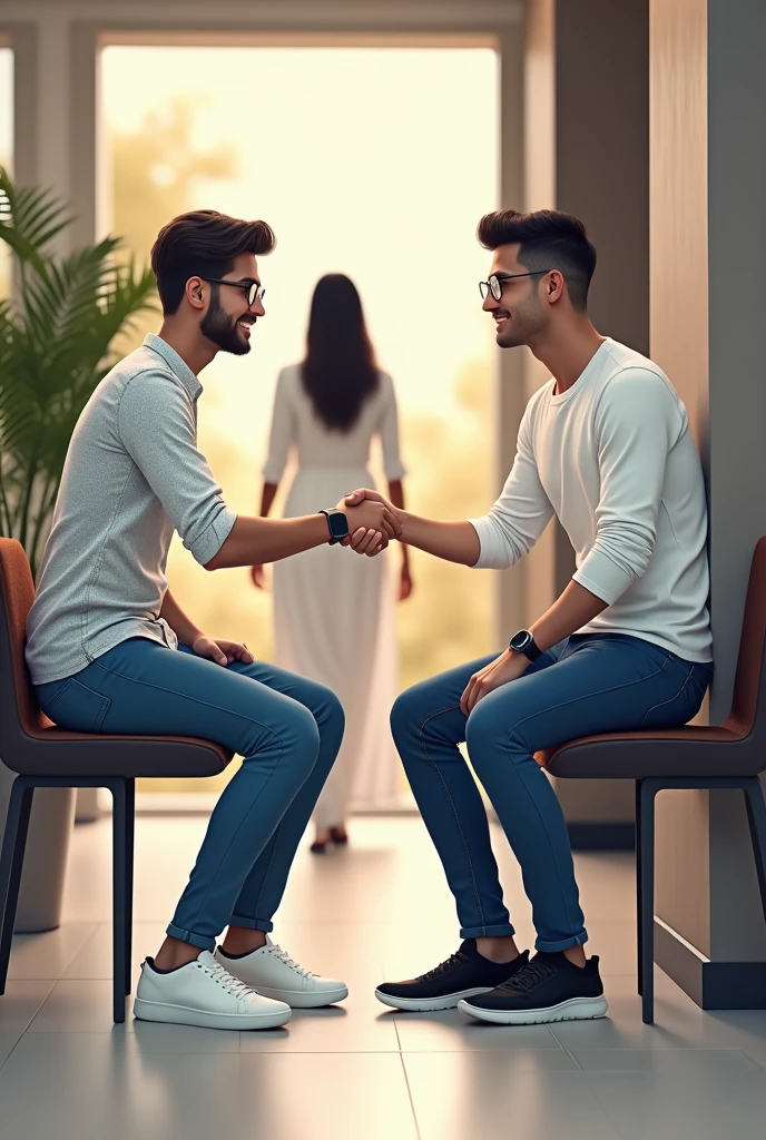 Two young men are waiting for their girlfriends in the reception area of the office. One young man is wearing a white printed shirt, jeans, white shoes and smart watch and the other one is wearing a white full sleeve T-shirt, jeans, glasses and black sneakers. His girlfriend comes there wearing a white Indian suit, black palazzo, white shoes and specs. Then she shakes hands with both the boys.