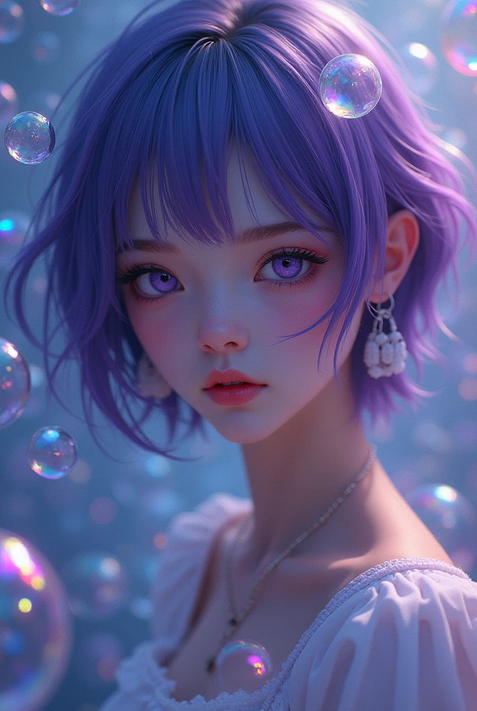 alone, One person, Purple eyes, Purple Hair, bubble, View your viewers, Portraiture, Half-closed eyes, short hair, Mouth closed,shiny bubbles,bubbles, colour shining in bubble, reflective bubbles,bubbles ,bubbles all around, turning into bubble