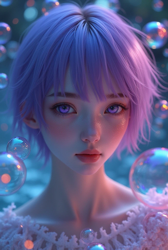 alone, One person, Purple eyes, Purple Hair, bubble, View your viewers, Portraiture, Half-closed eyes, short hair, Mouth closed,shiny bubbles,bubbles, colour shining in bubble, reflective bubbles,bubbles ,bubbles all around, turning into bubble