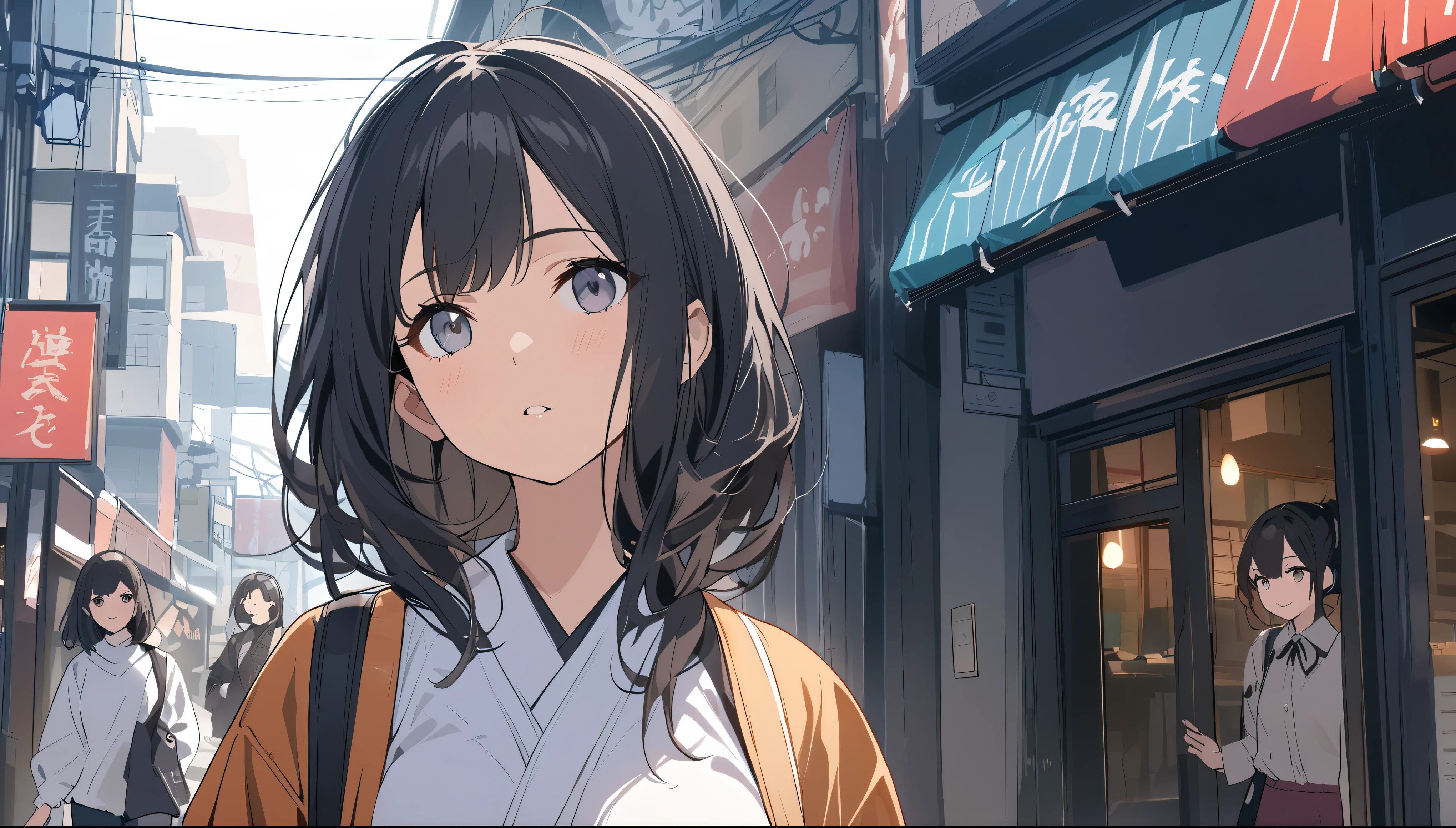 Black-haired woman looking this way,Streetscape、listen to music、Japanese