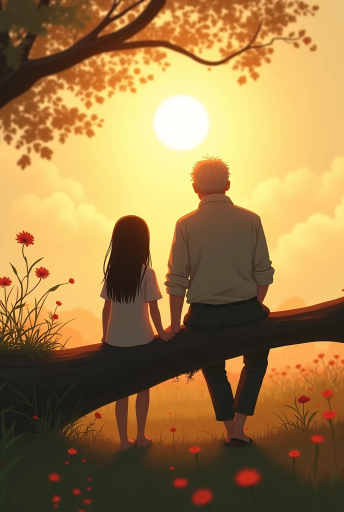 Create a tattoo design featuring a  granddaughter and her grandfather sitting on a cut tree branch in an open field. Only their backs are visible, with the granddaughter on the left side and the grandfather on the right. The granddaughter's height reaches only up to her grandfather's elbow. Nearby, there are flowers and the sun. The granddaughter's straight hair extends to her elbows and appears slightly swayed by the wind on her left side.