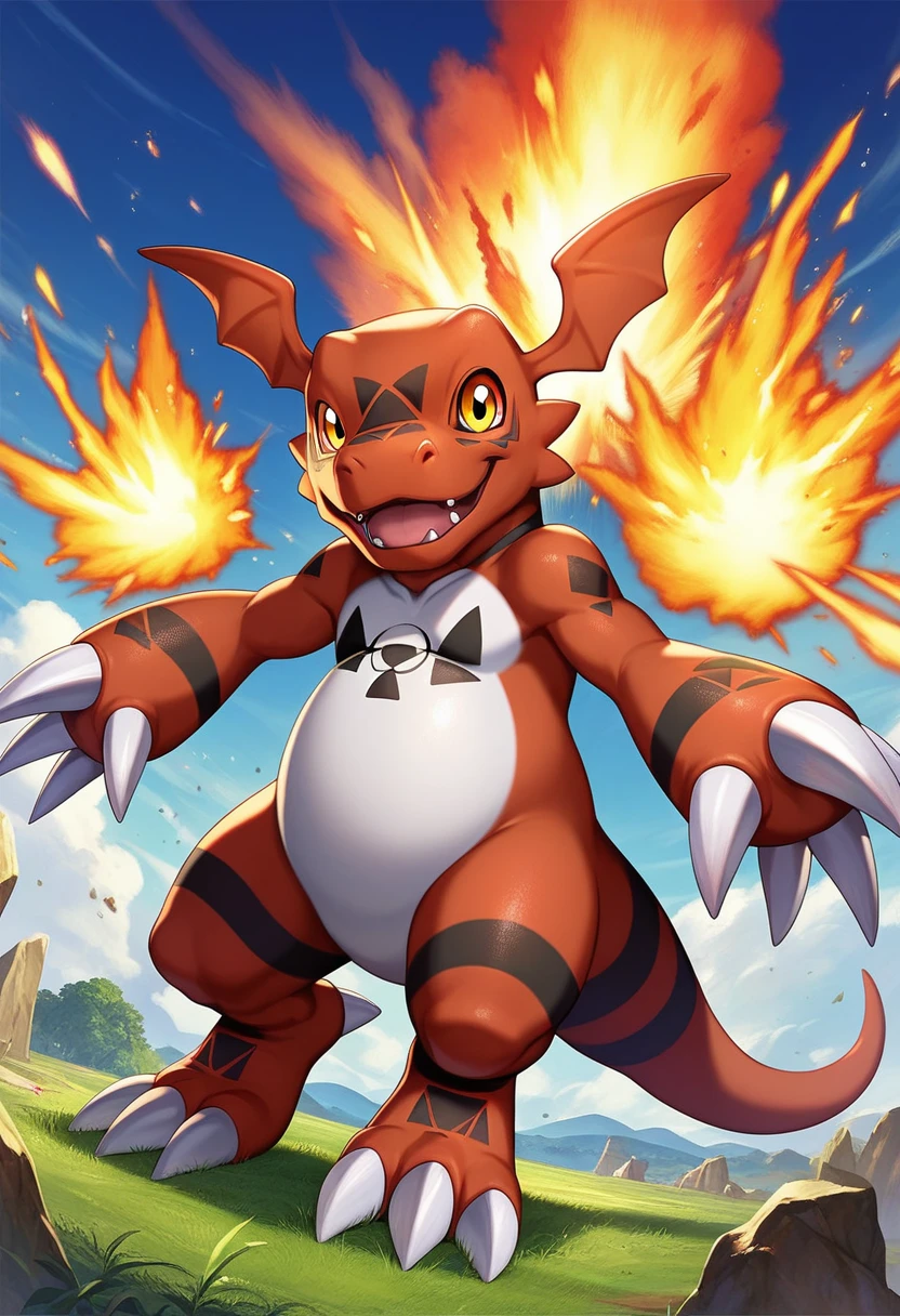 Show the whole body,Highest quality, masterpiece, scale,Delicate face,Delicate eyes,High-density illustration,sauce_anime, , Official Art, masterpiece,Detailed Eyes,Guilmon(Digimon),Full of energy, No correction, Daytime,grassland,The adventure begins！,Curious Face,Smile Explosion,His eyes are shining,I&#39;m excited,View Viewer,wonderful,Written boundary depth, Perfect lighting, (Particles of light),(Highest quality),(masterpiece),(Ultra Deshipped),Sharp focus,Particles of light