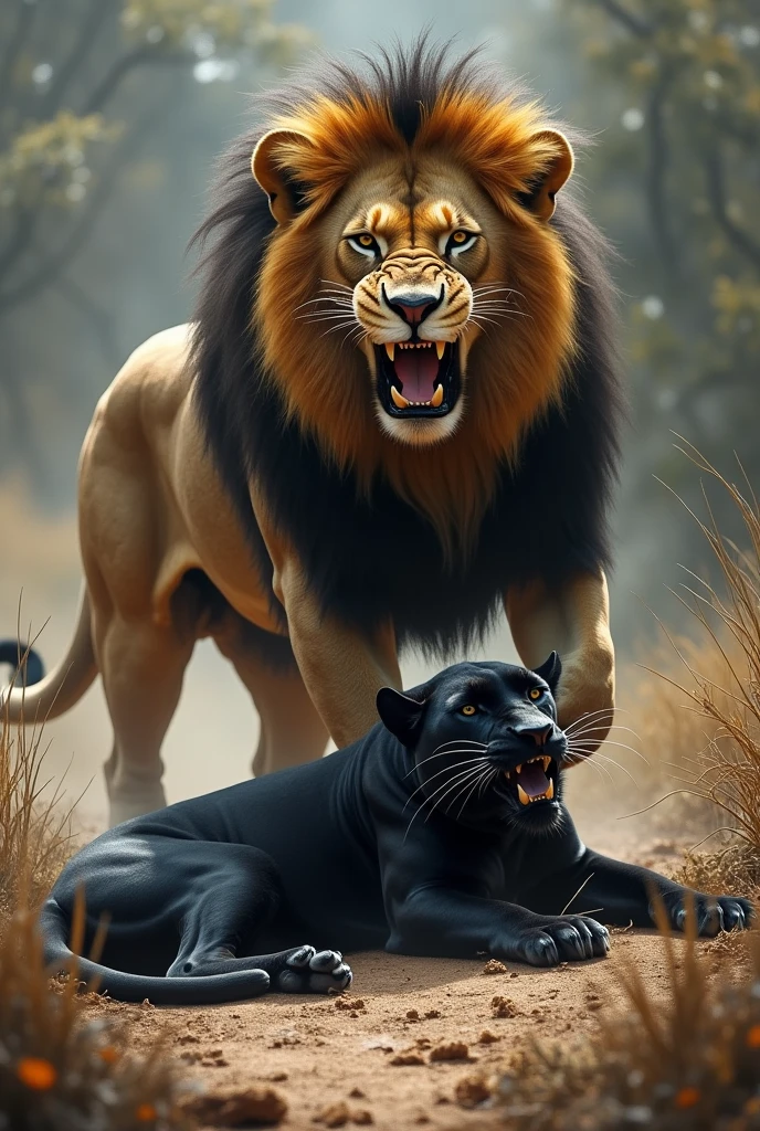 Black panther versus lion but the Lion defeated Black panther and black panther is sleeping Dead on the floor and the lion mouth is open 