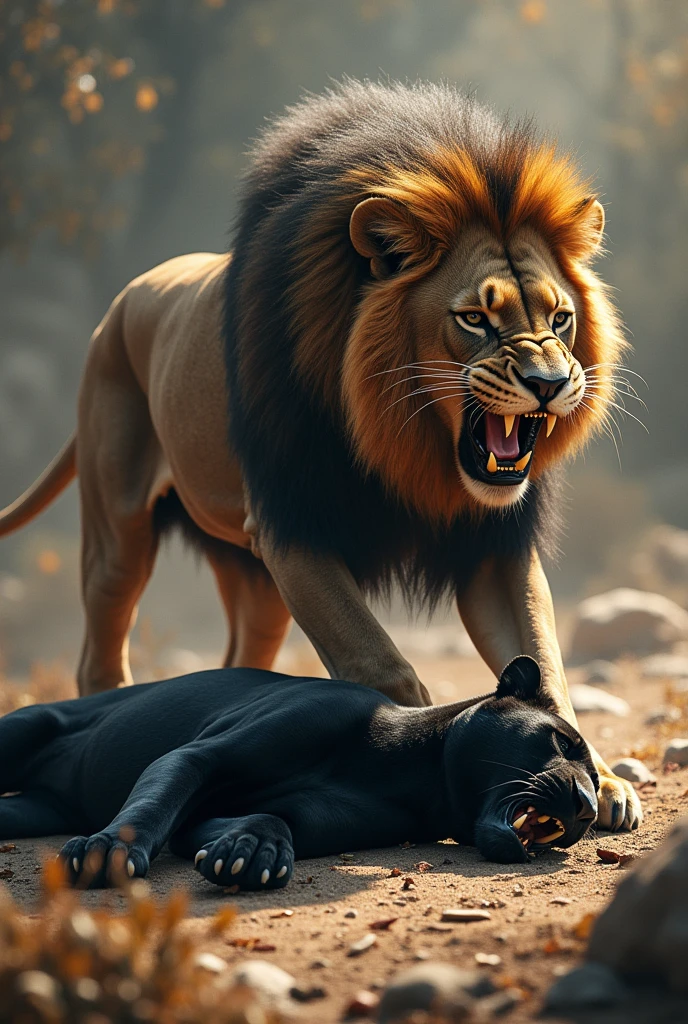 Black panther versus lion but the Lion defeated Black panther and black panther is sleeping Dead on the floor and the lion mouth is open 