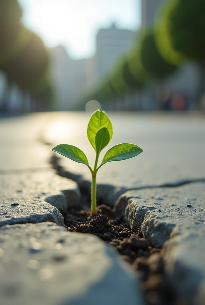 "A small, determined seedling pushing its way through a crack in a concrete sidewalk, symbolizing resilience and the power of life against all odds. The young plant is bathed in natural sunlight, which highlights its tender green leaves and fragile stem amidst the gray, unforgiving surface of the concrete. This image captures the contrast between the hard, cold man-made environment and the vibrant, hopeful energy of nature fighting to survive. The blurred background includes faint hints of an urban landscape, emphasizing the struggle of nature in a world dominated by human structures."