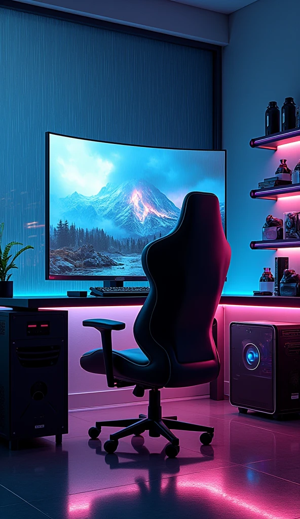 A gaming room that looks like it’s from the future. A cutting-edge gaming chair sits in front of a curved, ultra-wide screen, with a custom-built PC humming quietly beside it. The walls are lined with smart shelves that hold video game cassettes, VR headsets, and other advanced tech. LED strips line the room, adjusting to the game’s intensity, creating an immersive experience. The heavy rain outside adds a soothing yet intense vibe, perfect for late-night gaming marathons.
