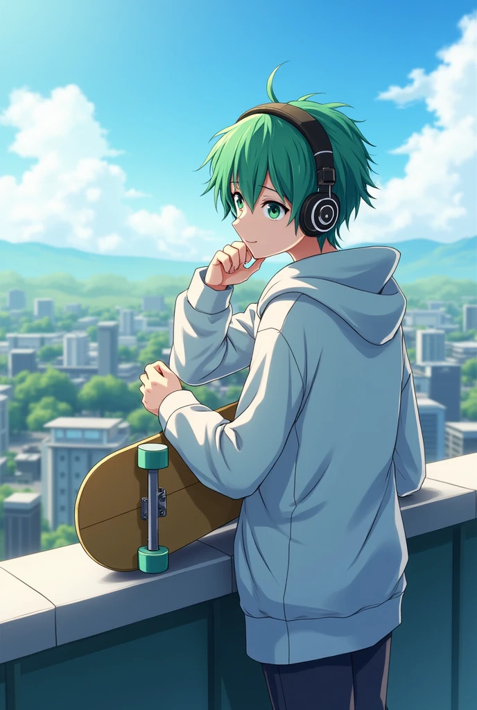 Anime Character Boy Green hair, Anime green eyes, Anime white coat with hood on head, headphones on head, Anime Pose, relaxing pose , side view, on top of school roof with skateboard in hand Anime