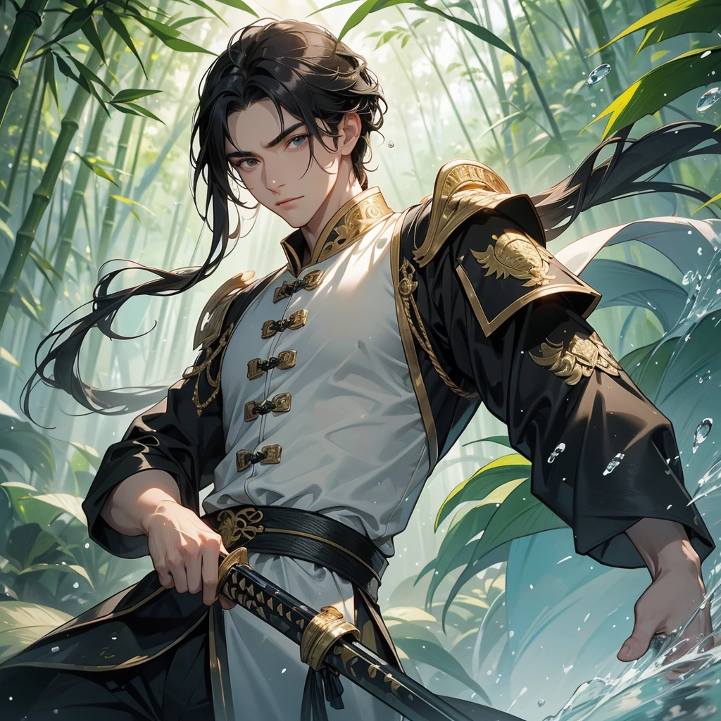 a Handsome black-haired male general holding a large sword in ancient Chinese costume, the back is a lush green bamboo forest. the air after rain has water droplets splashing around.