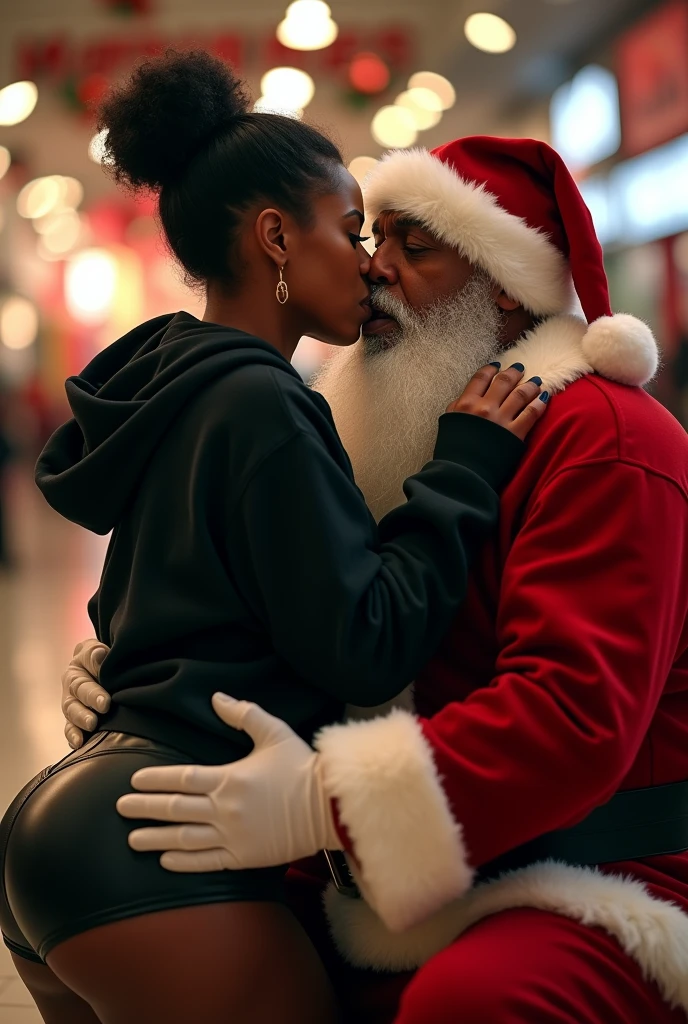black woman hair in a bun black hoodie black leather short shorts excited and eyes wide open on her face setting in santa claus lap at the mall 8k santa holding her up against him french kissing her and holding her butt cheeks