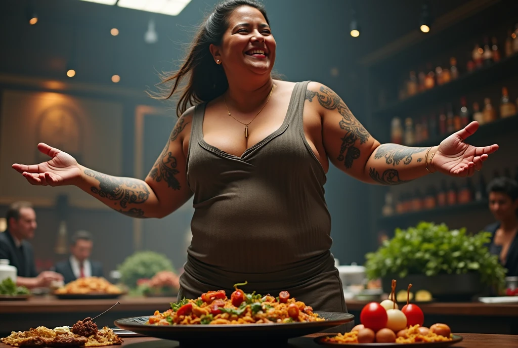 Eating contest,Heaps of food in both hands,cooking battle,fat muscular woman Iron Chef: Quest for an Iron Legend,the back ground is in a fancy restaurant, surrounded by food, food everywhere, table full of food in foreground,kitchen stadium