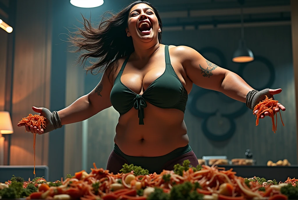 Eating contest,Heaps of food in both hands,cooking battle,fat muscular woman Iron Chef: Quest for an Iron Legend,the back ground is in a fancy restaurant, surrounded by food, food everywhere, table full of food in foreground,kitchen stadium