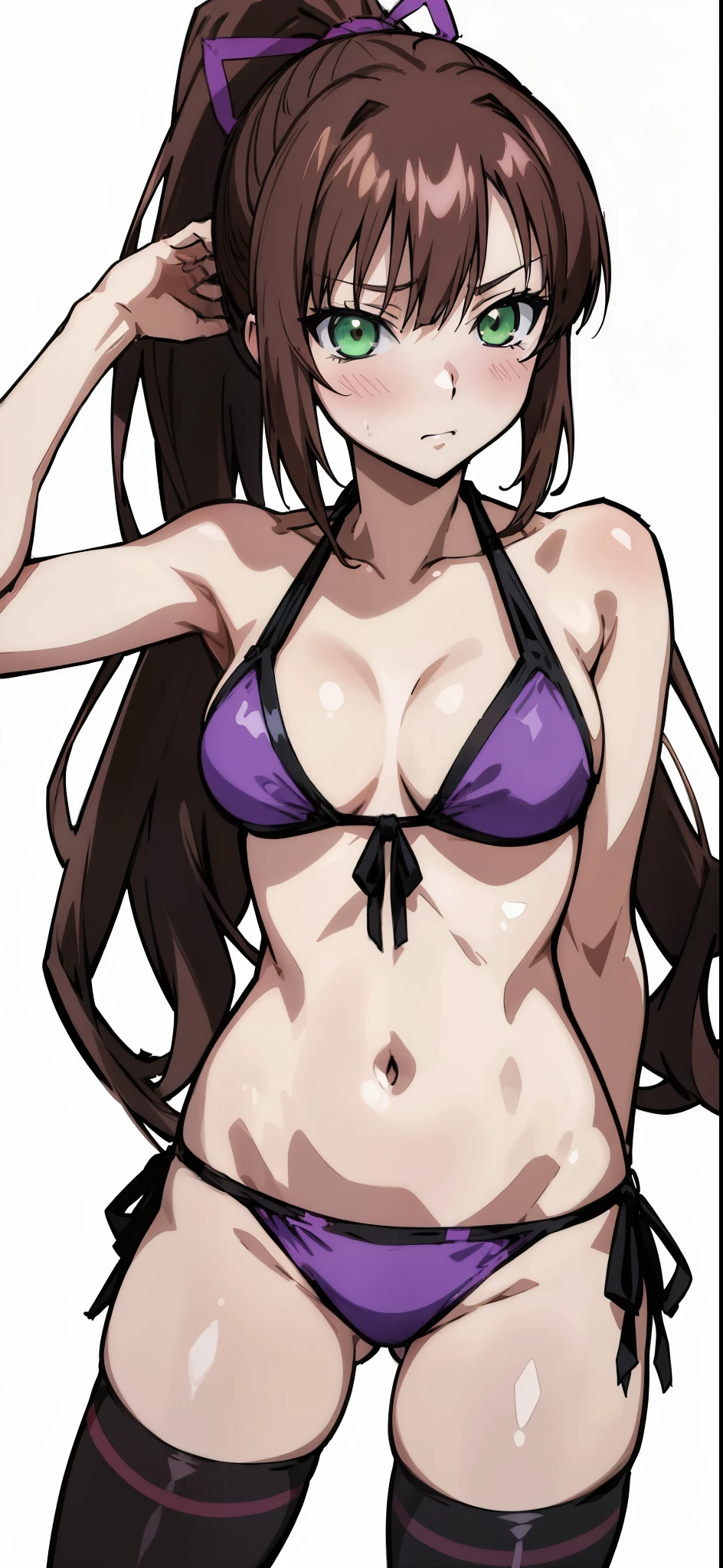 masterpiece, best quality,1girl,solo,kirasaka sayaka,brown hair,long hair,ponytail, hair ribbon, green eyes,,purple thighhighs, wariza, (bikini). Manga panels. MangaHentaiStyleConceptv2