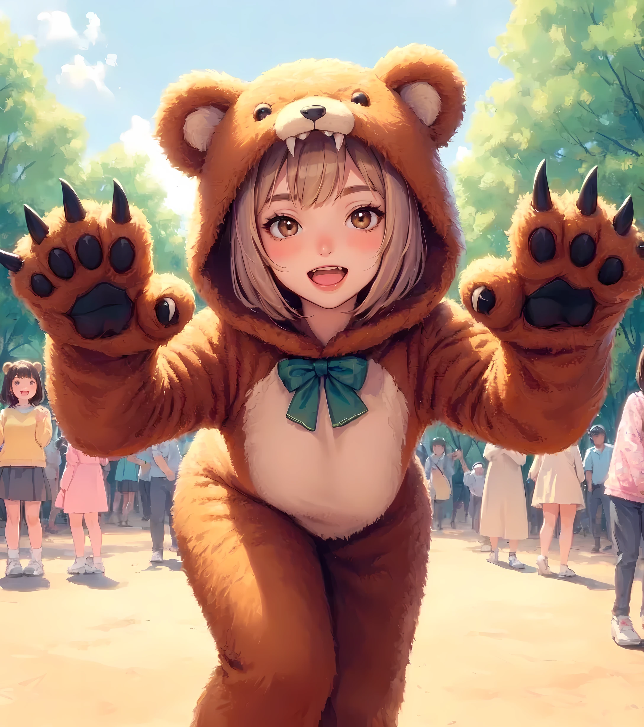 1lady solo, (from below), (brown bear costume:1.1), (hands up) (arms wide open) (fingers curled like claws:1.1), (claw posing), (leaning forward), (mature female:0.8), /(beige hair/) bangs, blush kind smile, open mouth (teeth:0.8), (masterpiece best quality:1.2) delicate illustration ultra-detailed, large breasts BREAK (ordinary urban park) outdoors, noon, trees, audience