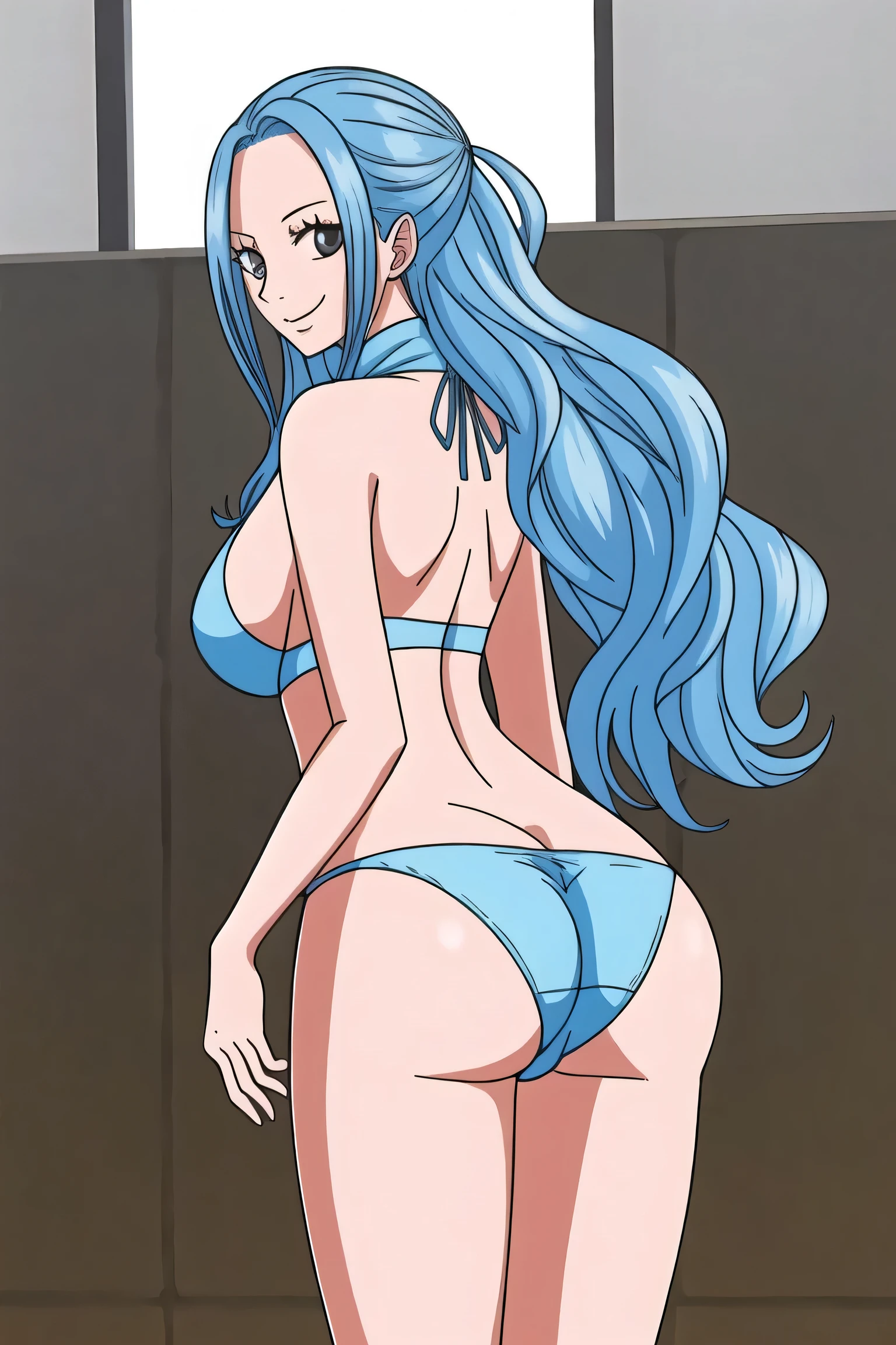 ass,from behind POV, naked ass, looking at the viewer, bra, cute face, full body, cute ass, cute, sexy hair, blue panties, only panties, tall girl, thin girl, very detailed hands, hyper detailed, hyper detailed ass, pussy, perfect anatomy, one hand hold an blue panties, hold blue panties, only one hand holds the blue panties handle, and it goes straight into the middle of the blue panties, perfect ass, perfect face, looking at the viewer, sexy, very detailed, very detailed ass, 1girl, smile, close up, castel, blue hair, back focus,happy,Turtleneck, big anime eyes, young ass, room, little breasts, grey eyes