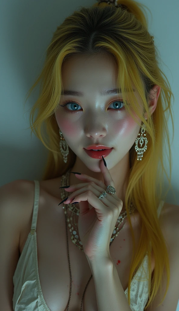 (((photorealistic:1.4))), ultra realistic, pores, (((masterpiece))),high quality, ultra details, realistic white skin beautiful face pretty korean idol adult smilling bloody woman showing long sharp black fingernails, looking at camera, blue slit eyes, model, very pretty, vein on hands, wearing sexy outfit, pretty long legs, ring on fingers, long yellow hair, long earrings, big necklace, tongue kissing painful expression of realistic ugly old man tied up on the post with throat ripped, blood splatter everywhere, extreme gore, looking at camera, high post, night, white torture room with torture device on the table