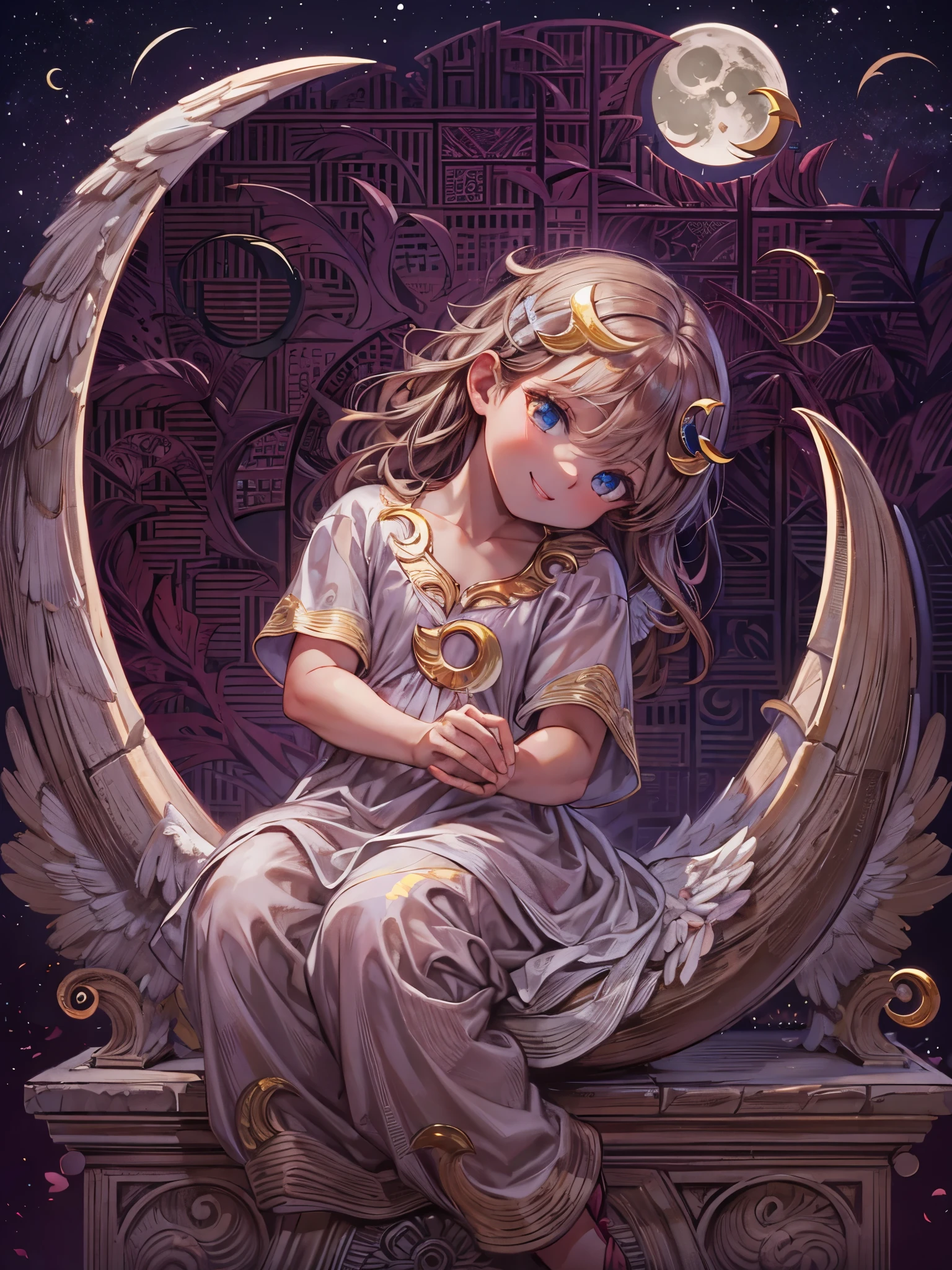 ((Highest quality)),(Ultra-high resolution),(Super detailed),(Detailed Description),((The best CG)),(masterpiece),Highly detailed art,(Art with precise detail:1.5), Crescent moon shining in the night sky:1.8,((Angel sitting on a crescent moon:1.5)),smile:1.3,harp:1.3,